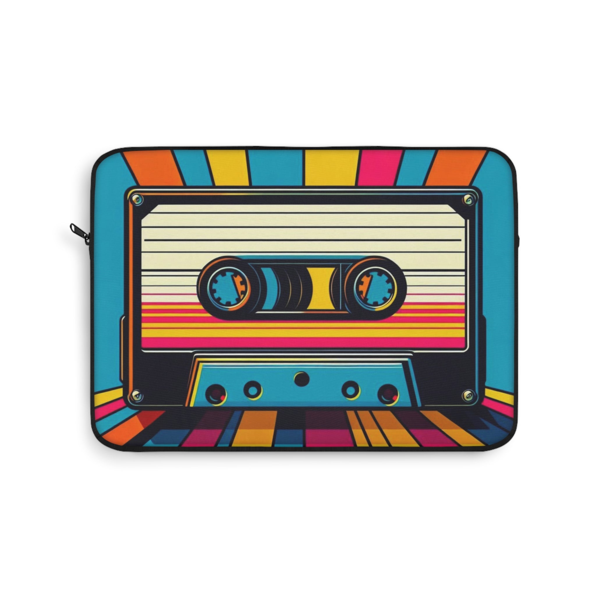 Laptop sleeve with a colorful cassette tape design on a white background