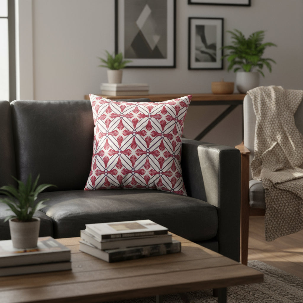 Decorative pillow with red and white geometric pattern on a white background