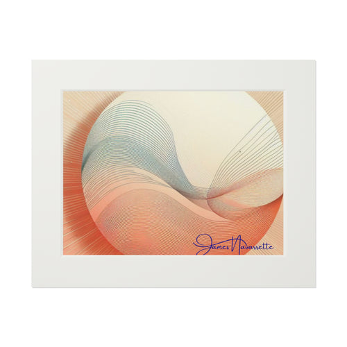 Abstract art print with wavy lines in beige, orange, and blue on a white background, signed by James Naughtie.