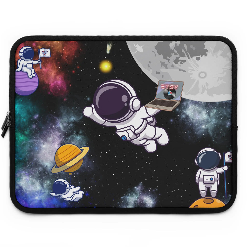 Laptop sleeve with space-themed design featuring astronauts and planets.