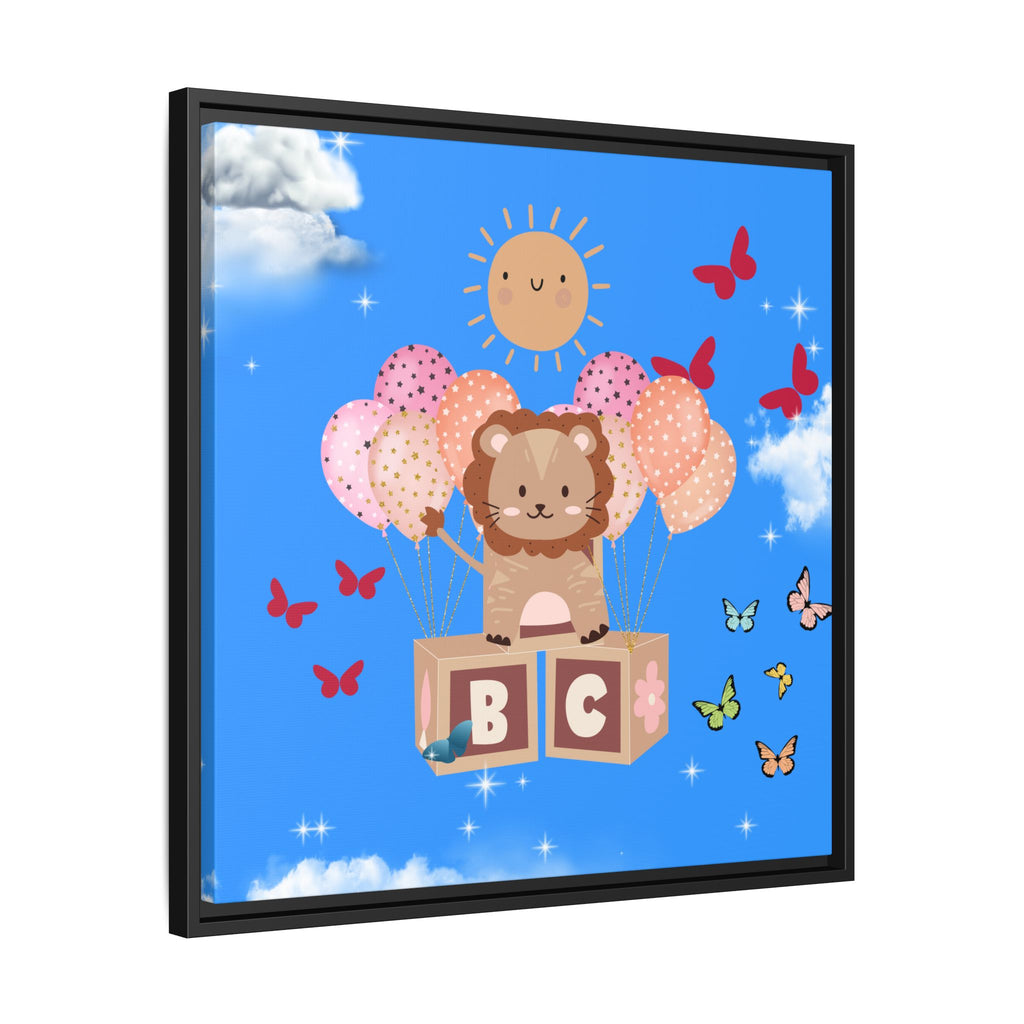 Framed artwork with a lion character on blocks, balloons, and butterflies against a blue sky.