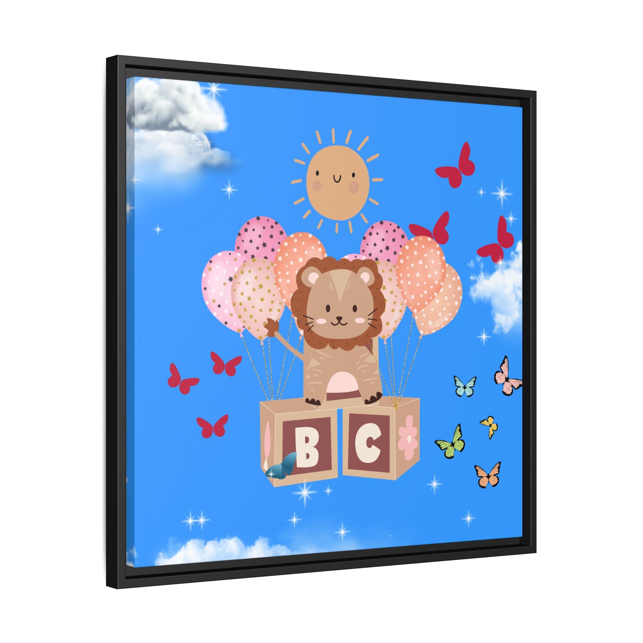 Framed artwork with a lion character on blocks, balloons, and butterflies against a blue sky.