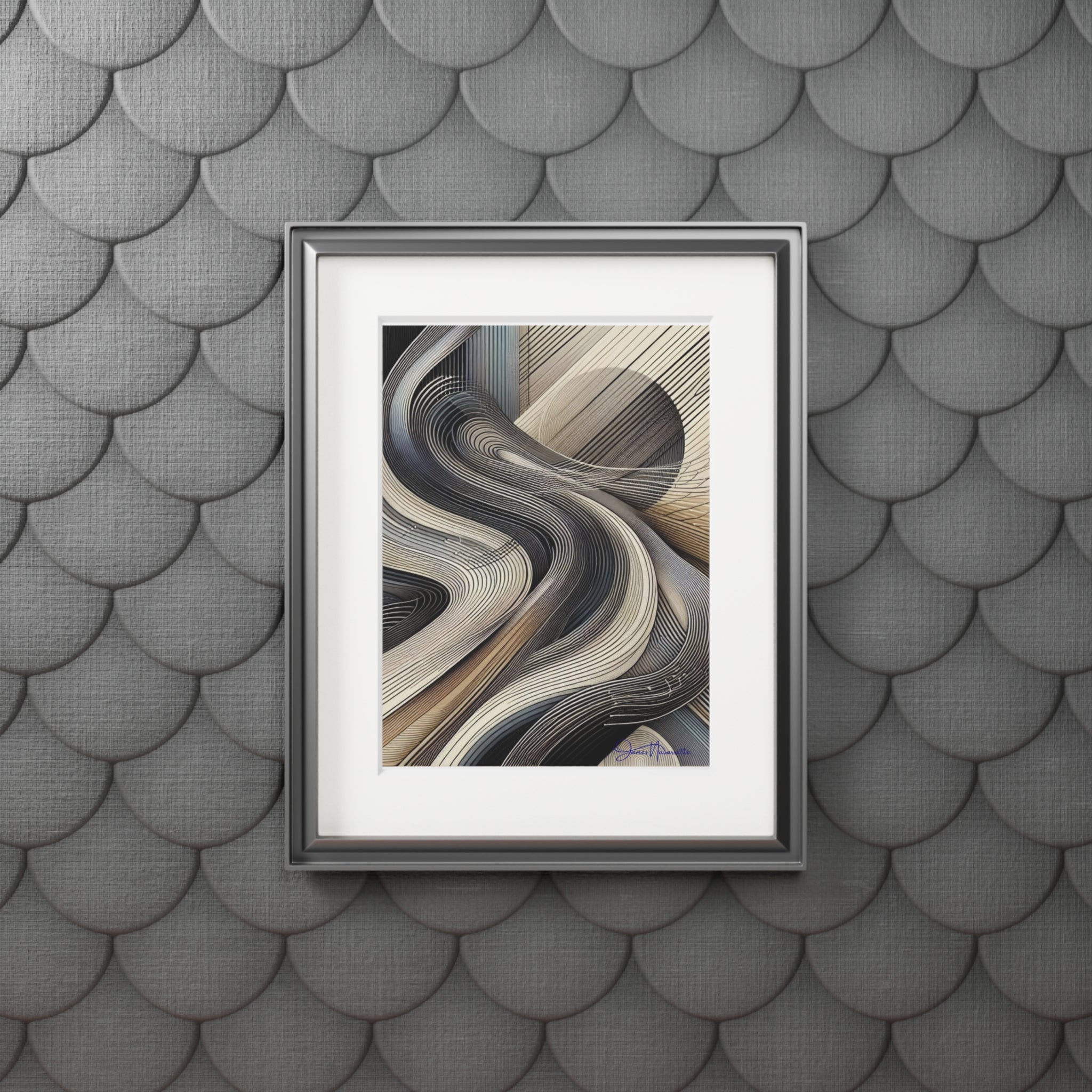 Framed abstract art piece on a textured gray wall
