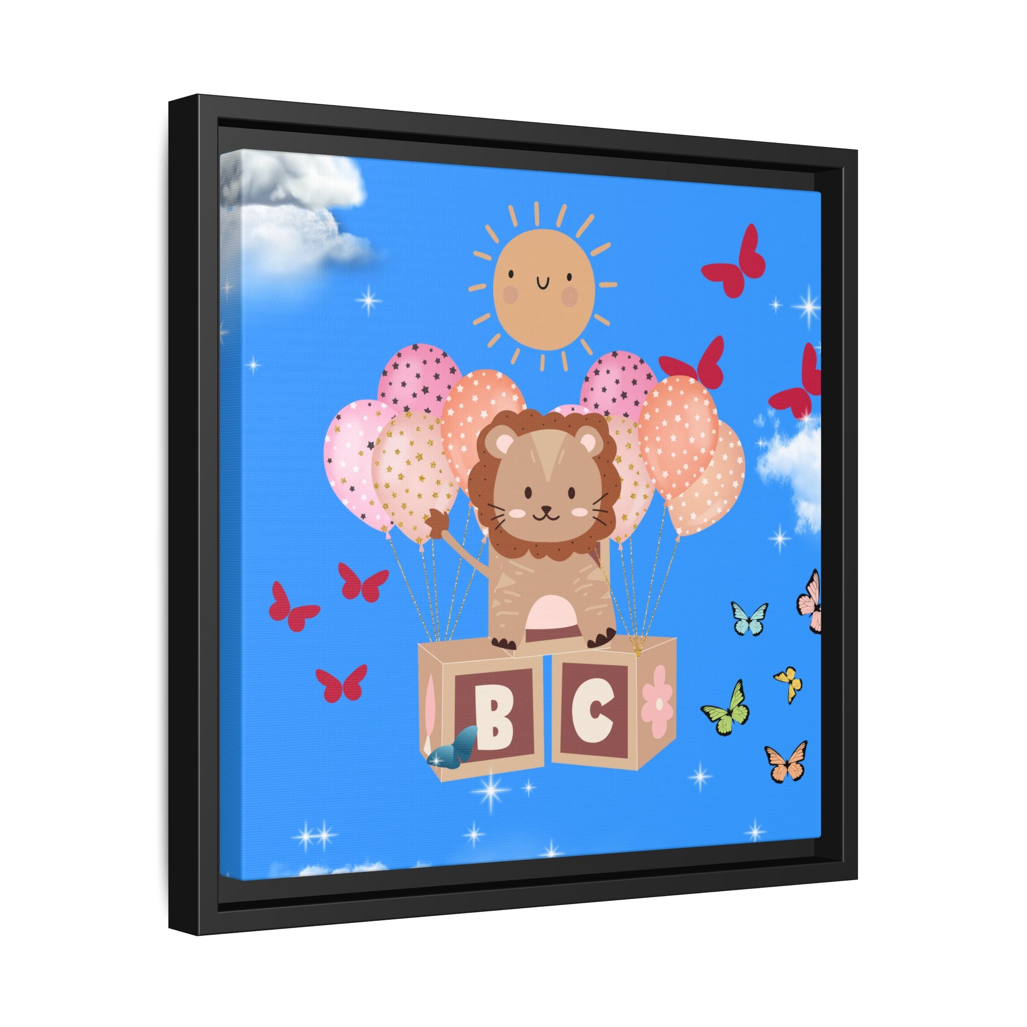 Framed artwork with a lion character holding balloons and blocks with letters on a blue background.