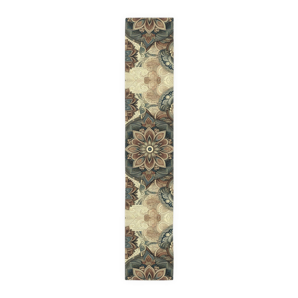 Decorative runner rug with floral patterns on a white background