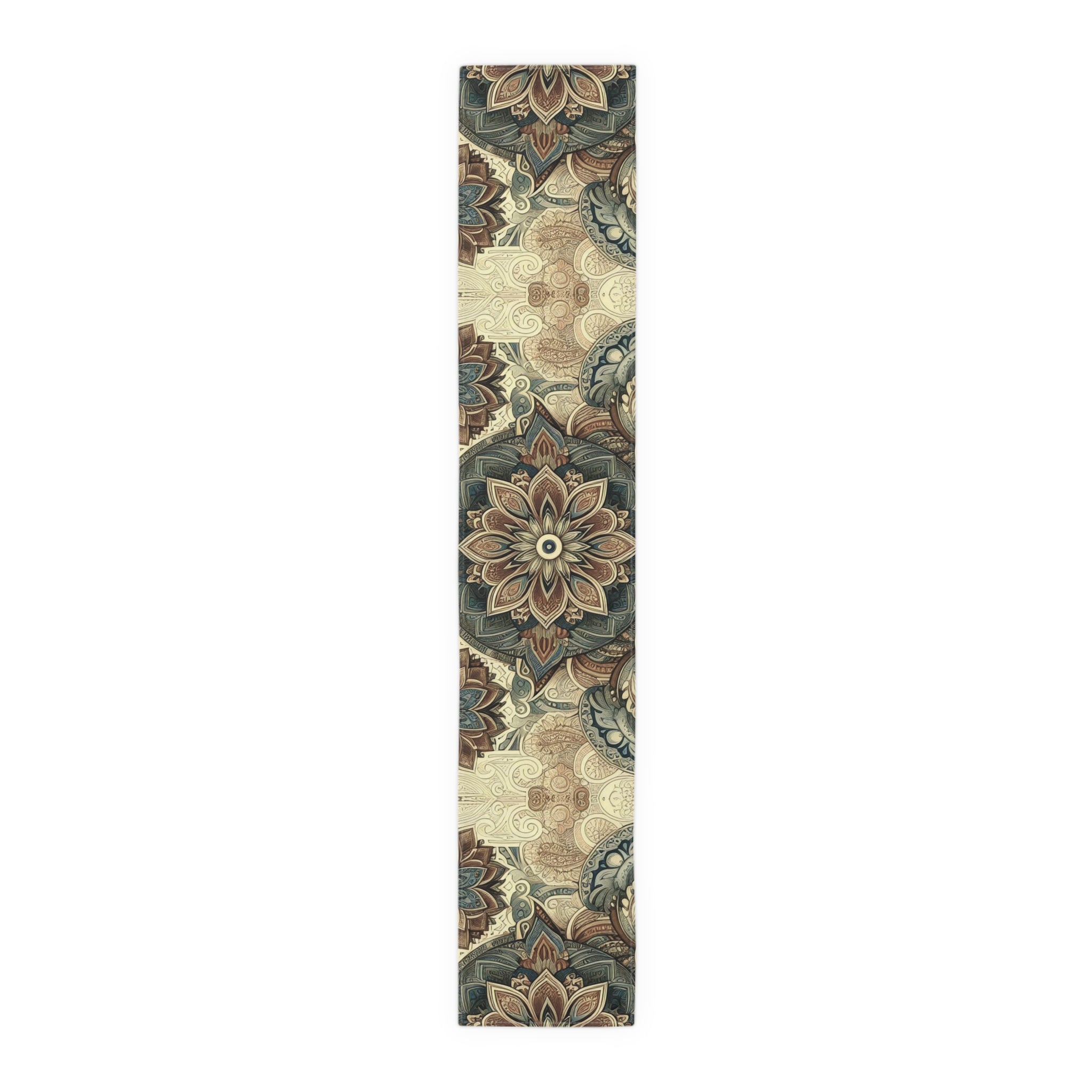 Decorative runner rug with floral patterns on a white background
