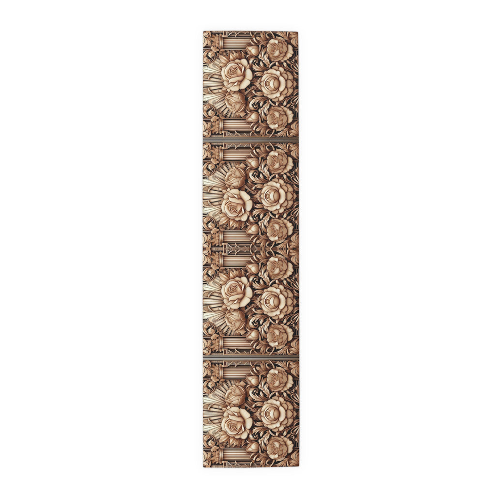 Decorative wooden panel with floral and architectural carvings on a white background