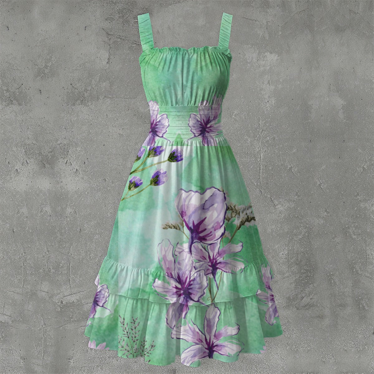 Green dress with purple floral pattern on a gray background