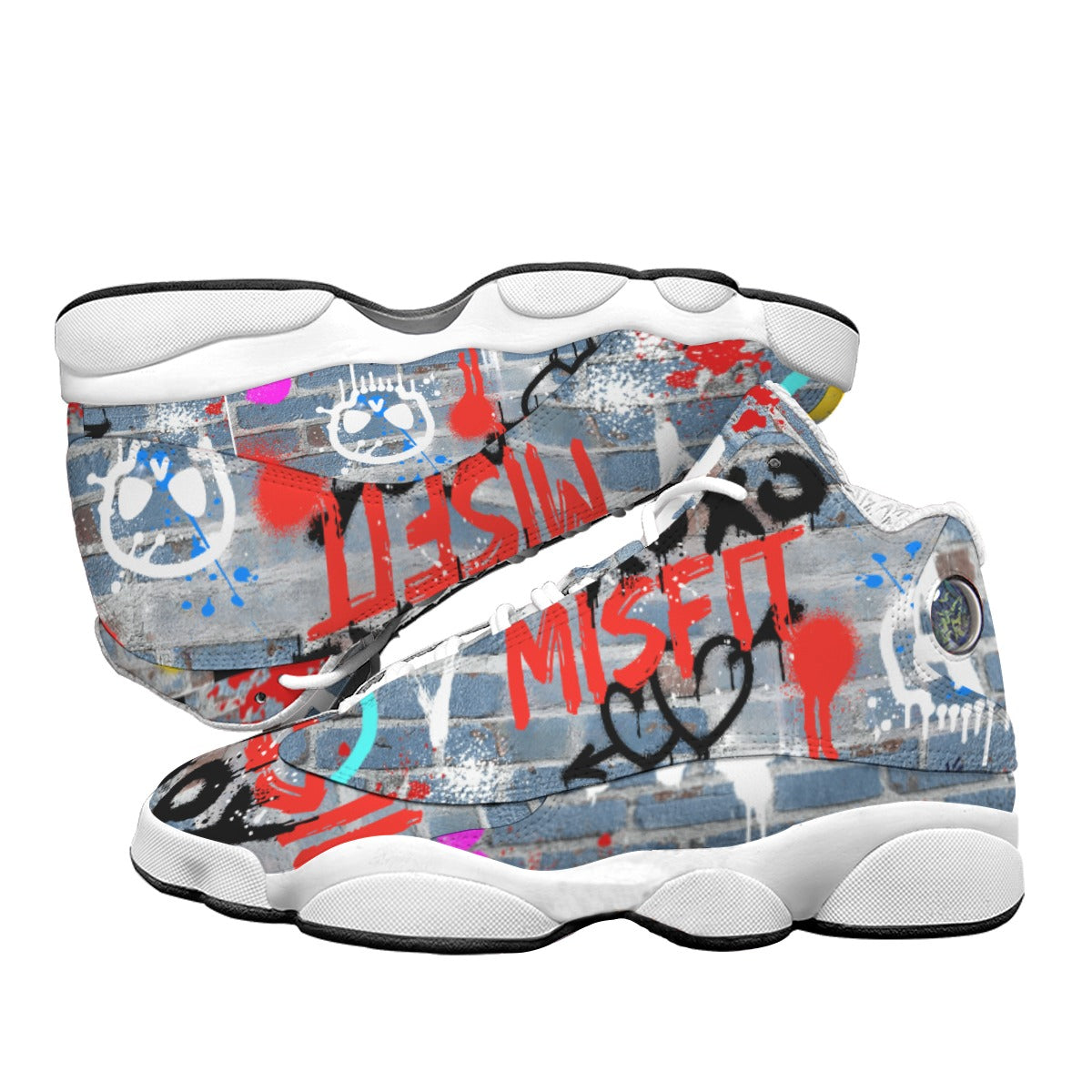 High-top sneaker with graffiti-style design and 'Misfit' text on a white background