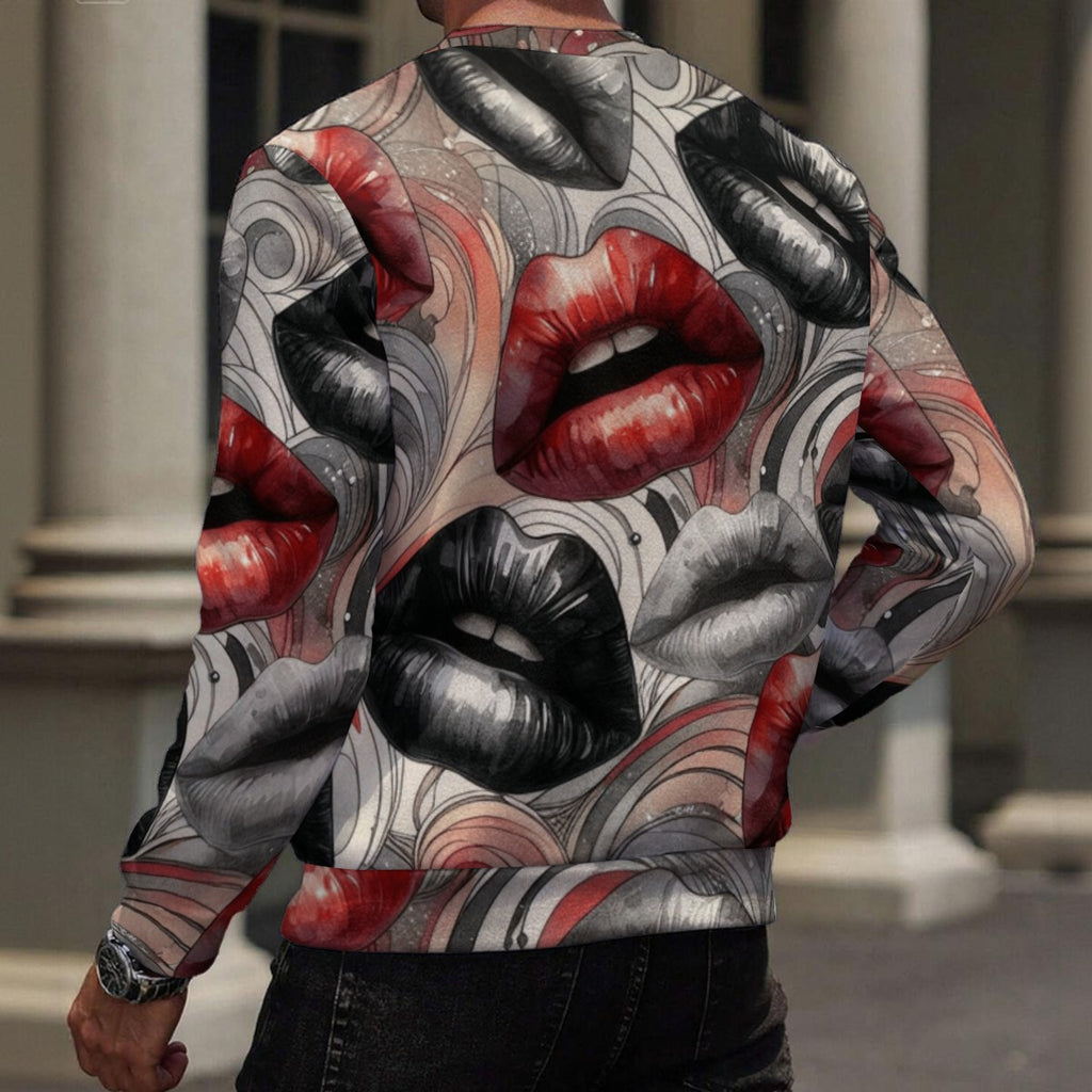 Men's Heavy Fleece Sweatshirt with Abstract Red and Black Lips Design