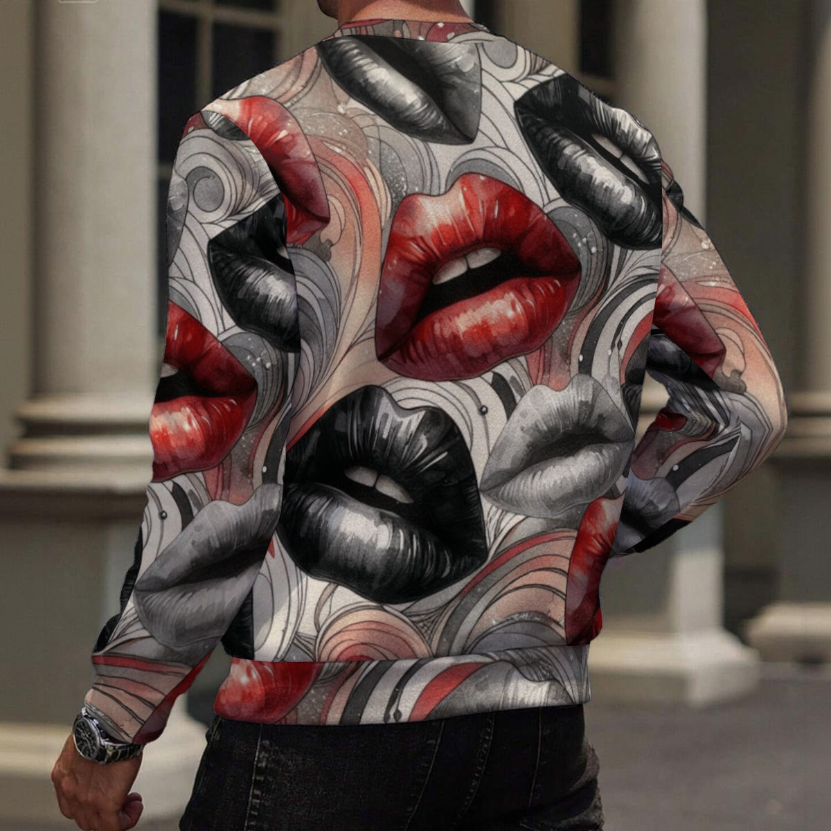 Men's Heavy Fleece Sweatshirt with Abstract Red and Black Lips Design