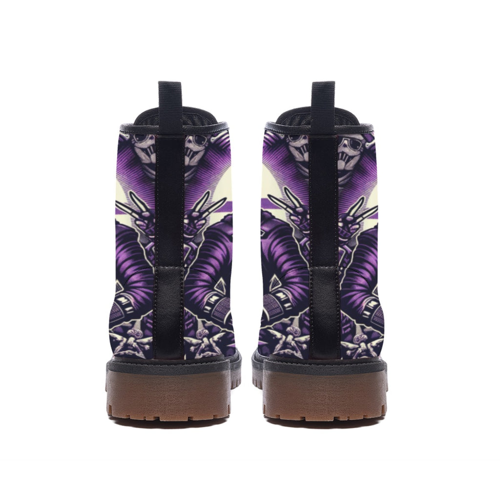 Pair of black boots with purple and white pattern on a white background