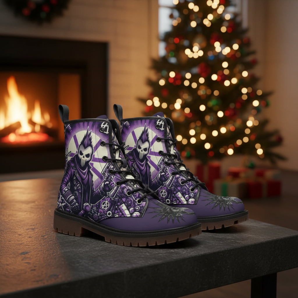 Purple high-top boots with skull and crossbones design on a white background