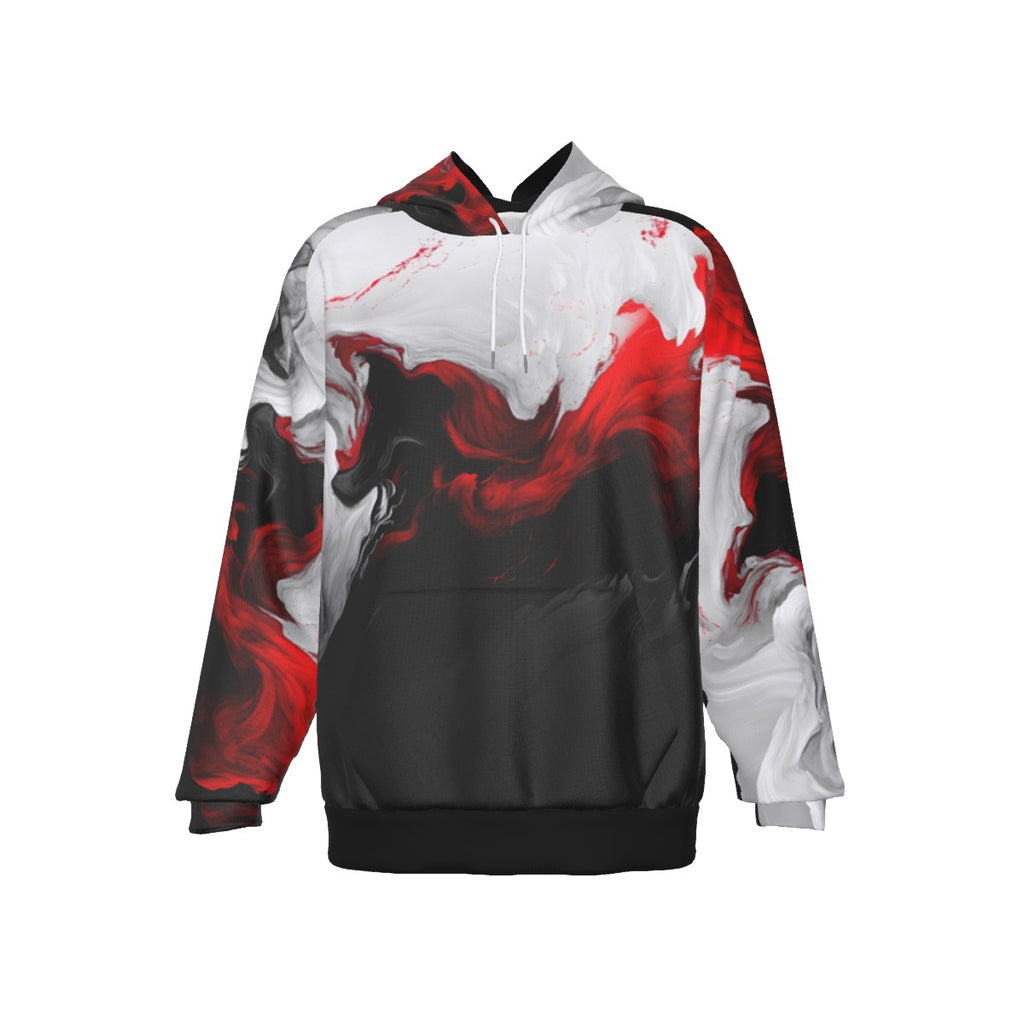 Hoodie with red, black, and white abstract design on a white background