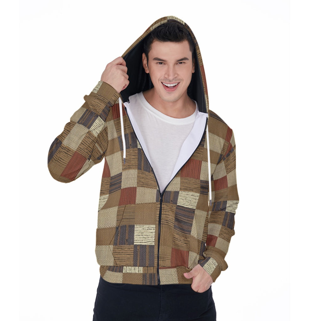 Man wearing a patterned hoodie on a white background