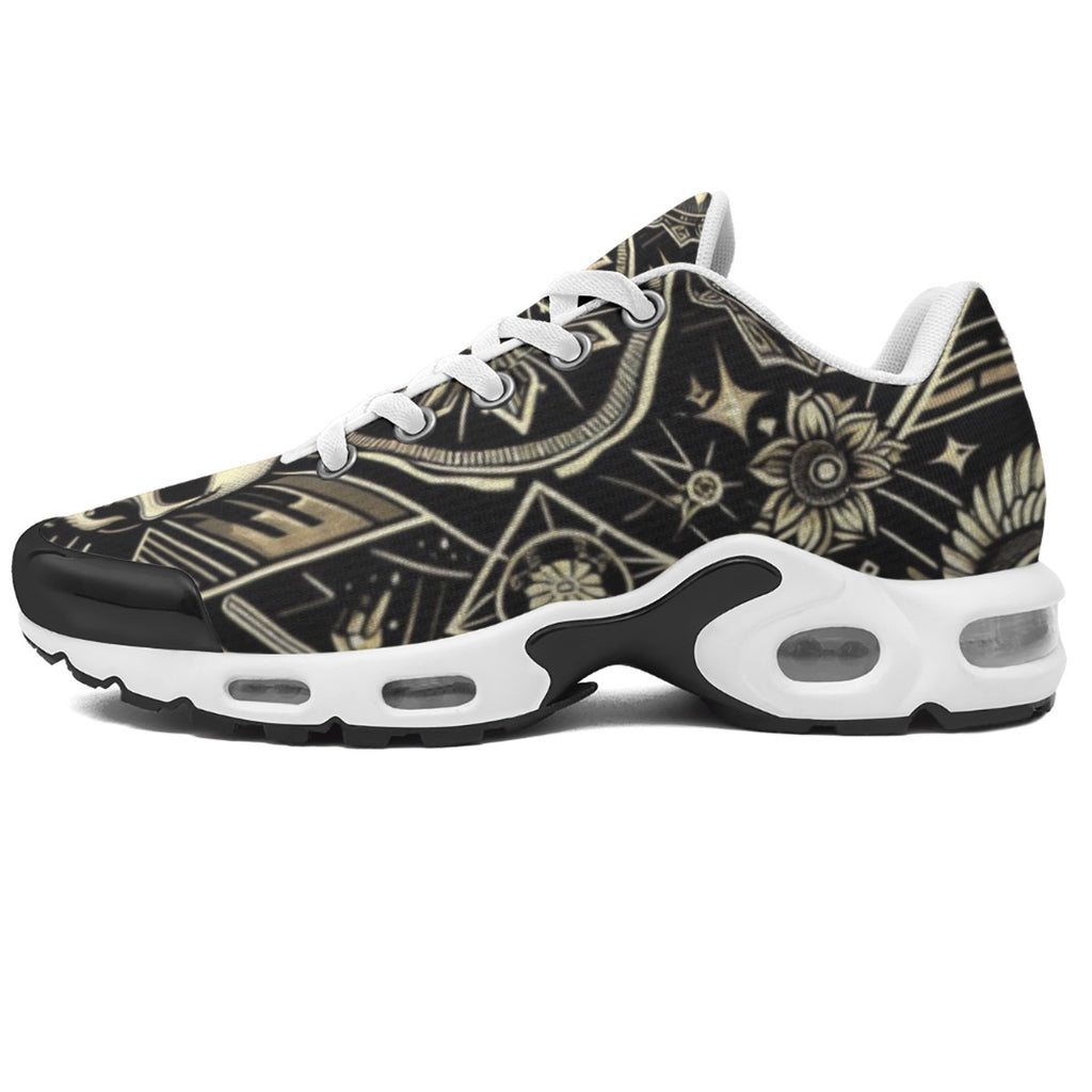 Sneaker with black and gold pattern on a white background