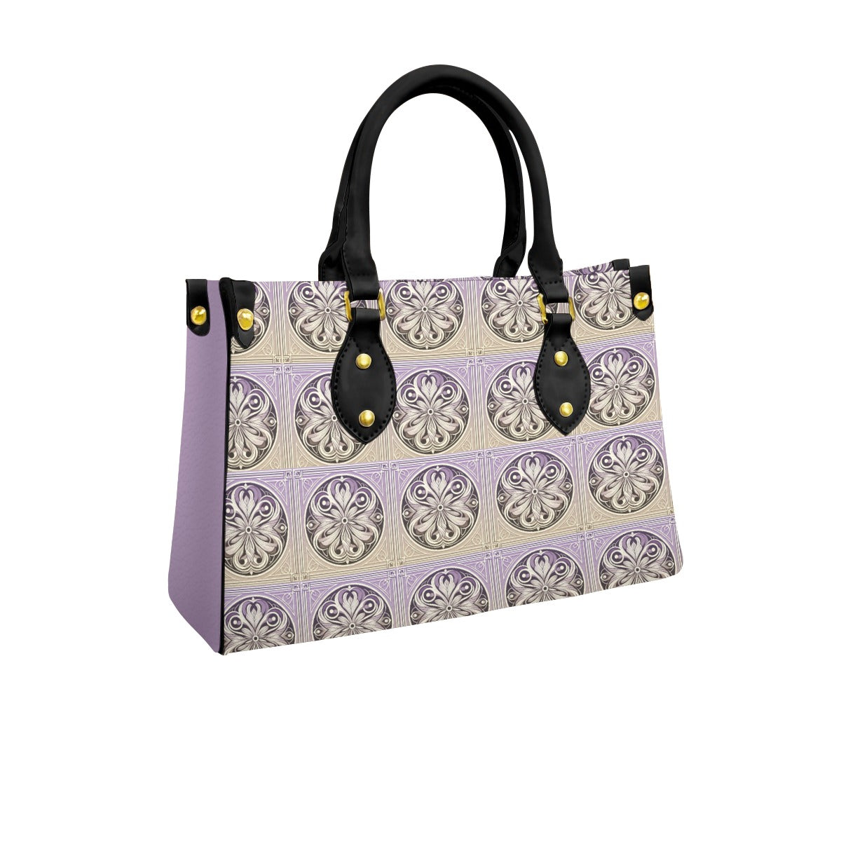 Handbag with decorative pattern and black handles on a white background