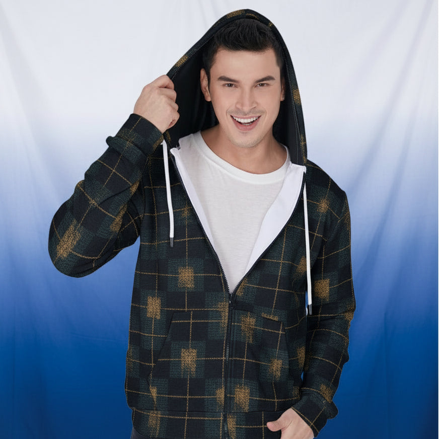 Man wearing a plaid hoodie on a white background