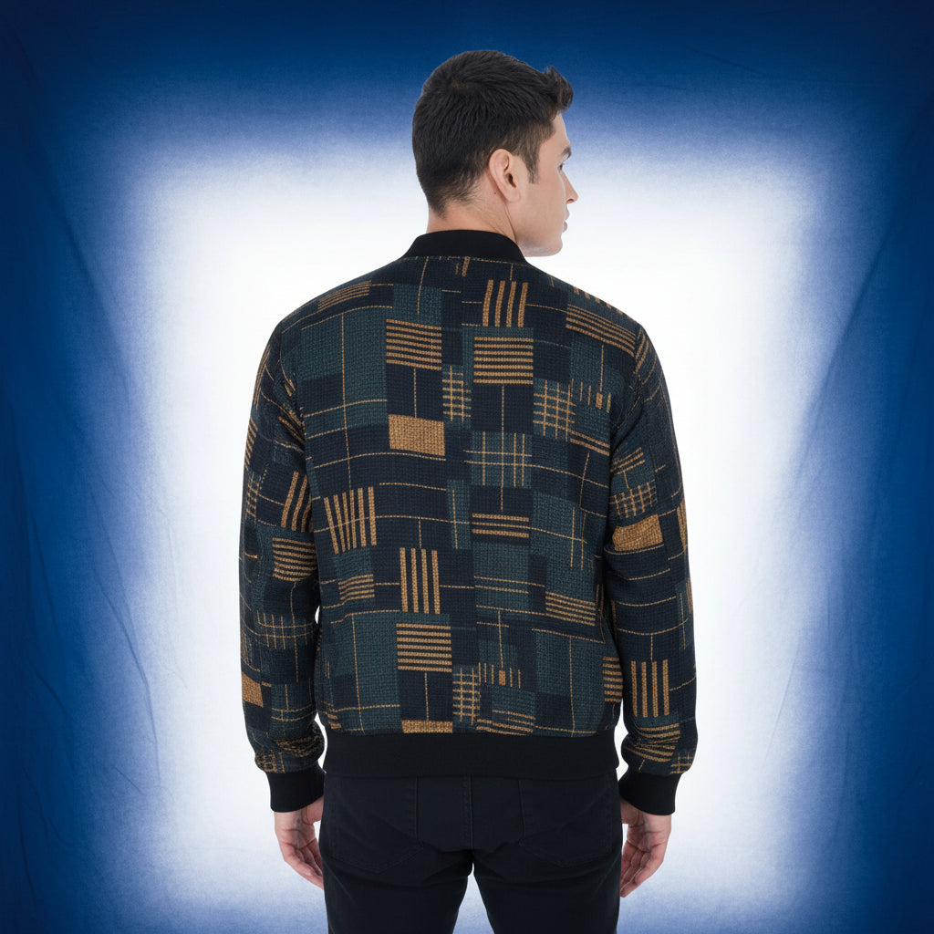 Man wearing a patterned jacket on a white background