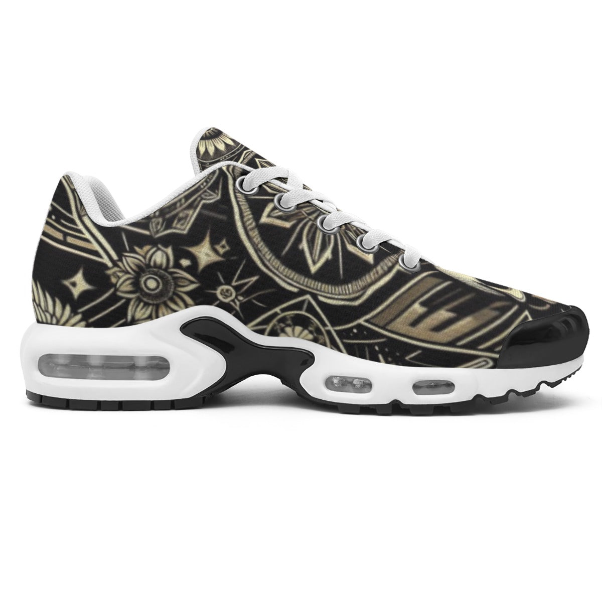Sneaker with black and gold pattern on a white background