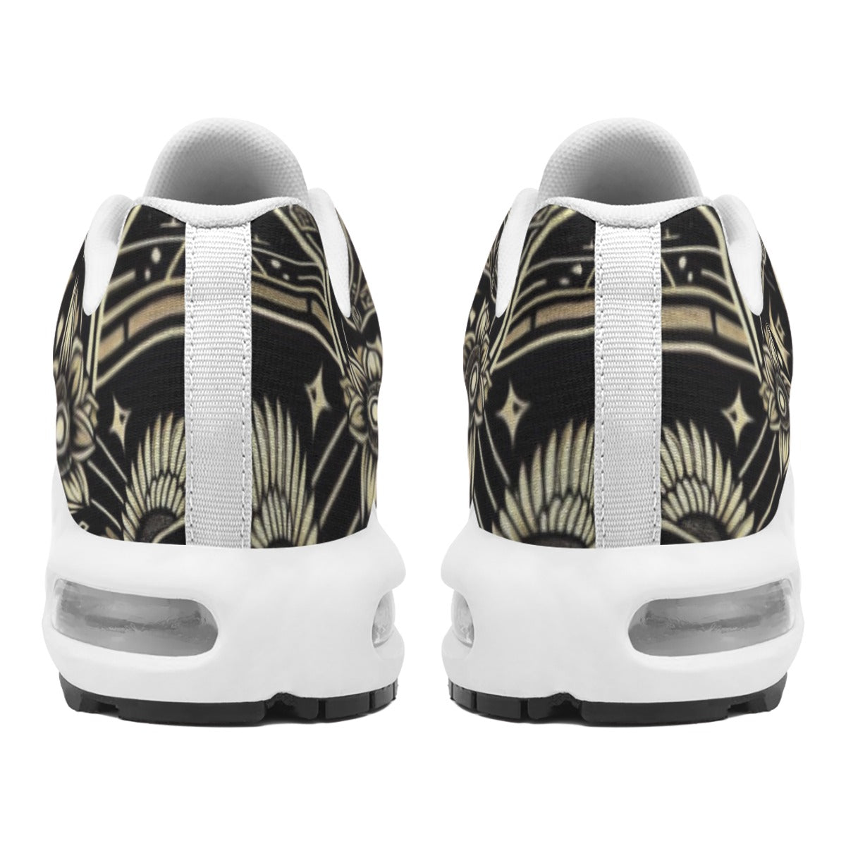 Pair of sneakers with a black and gold pattern on a white background