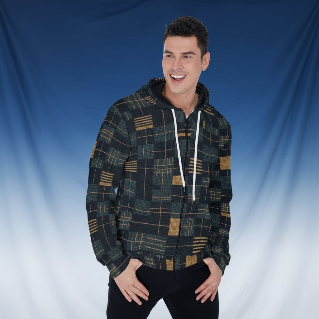 Man wearing a plaid hoodie on a white background