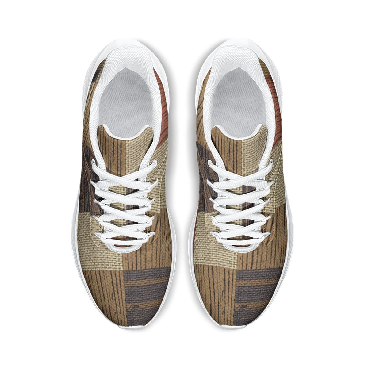 Pair of sneakers with a wood pattern on a white background
