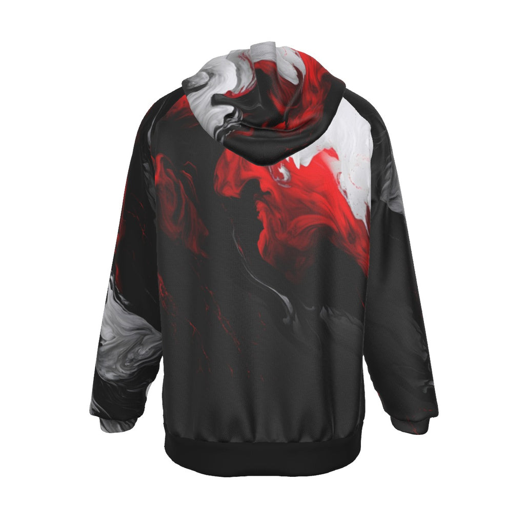 Hoodie with red and black abstract design on a white background