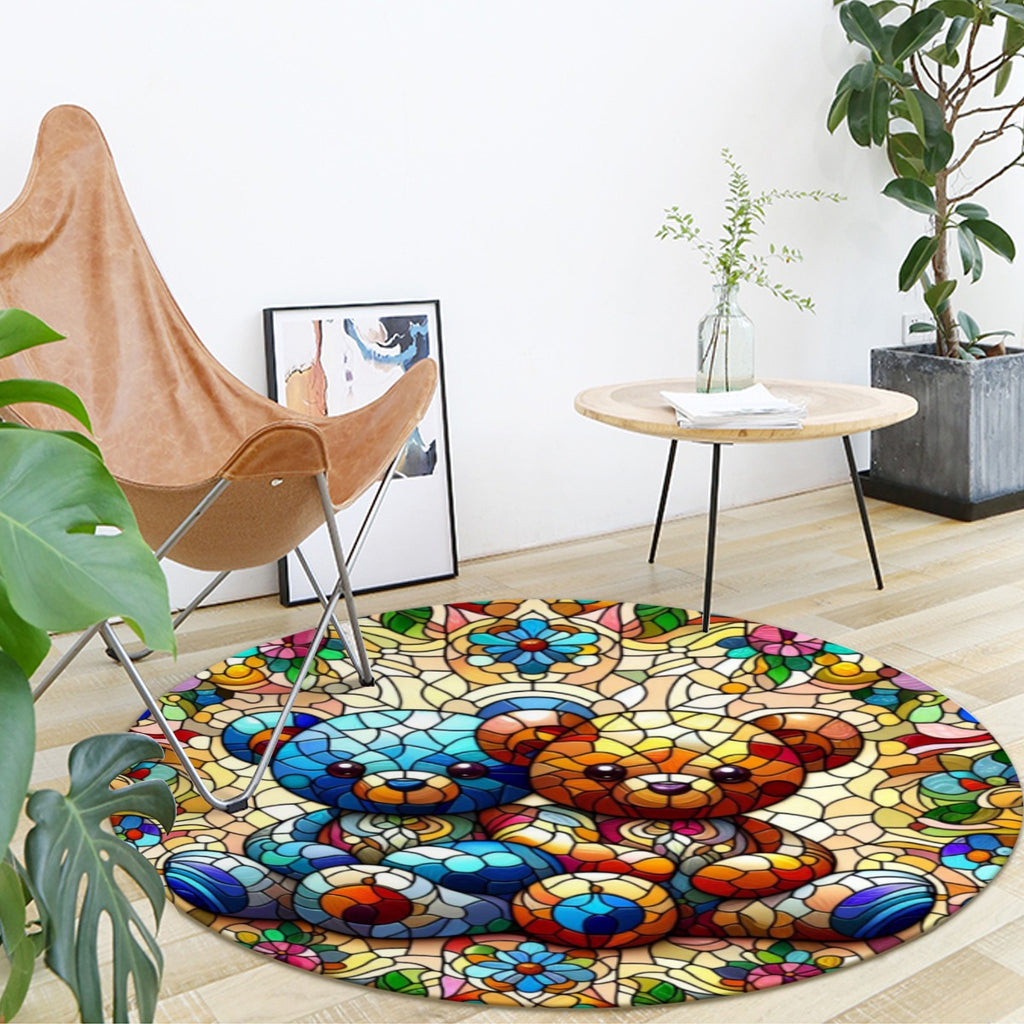 Round colorful rug with a floral and bear design in a room with a chair, table, and plants.