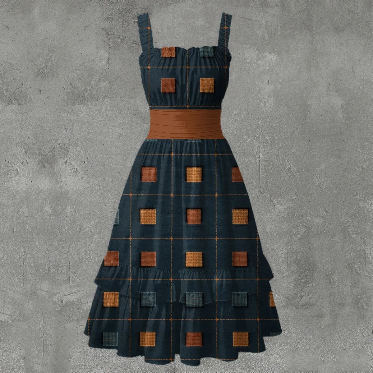 Dark blue dress with brown square patterns on a gray background