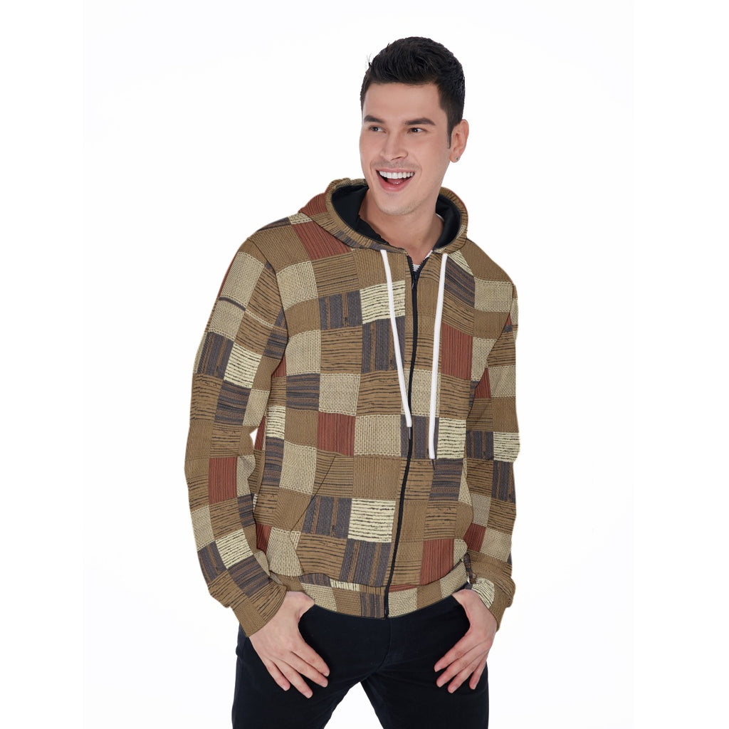 Man wearing a checkered hoodie on a white background