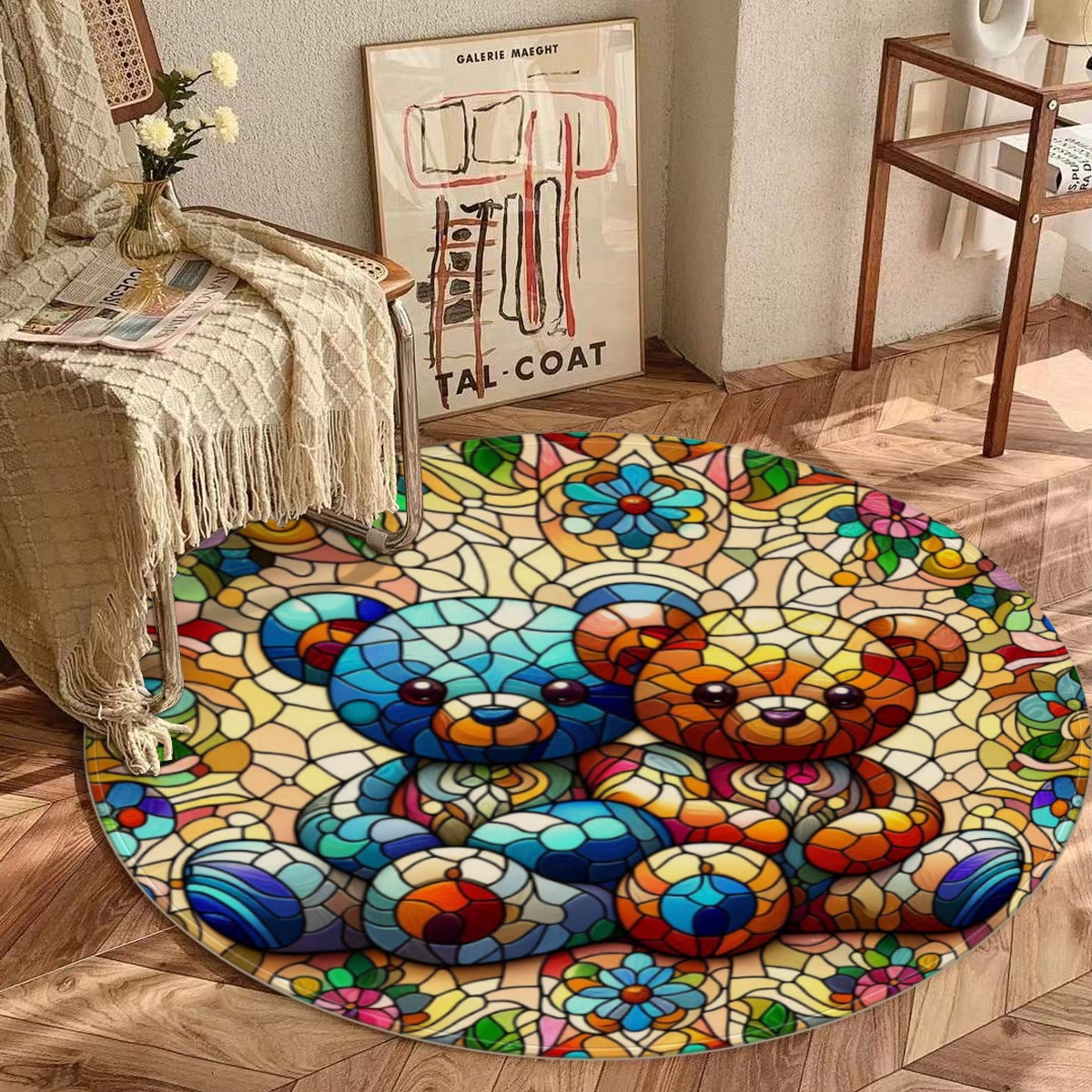 Colorful round rug with a bear design on a wooden floor.
