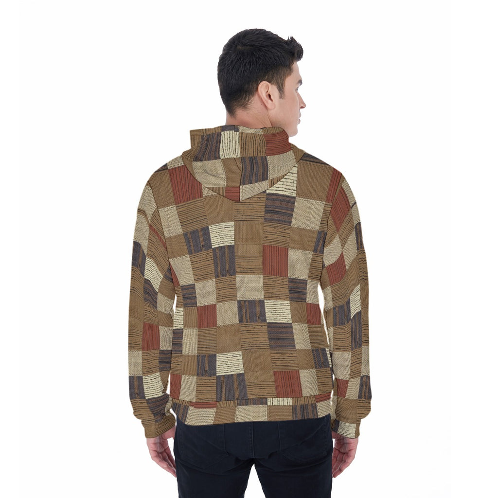 Man wearing a patterned jacket on a white background