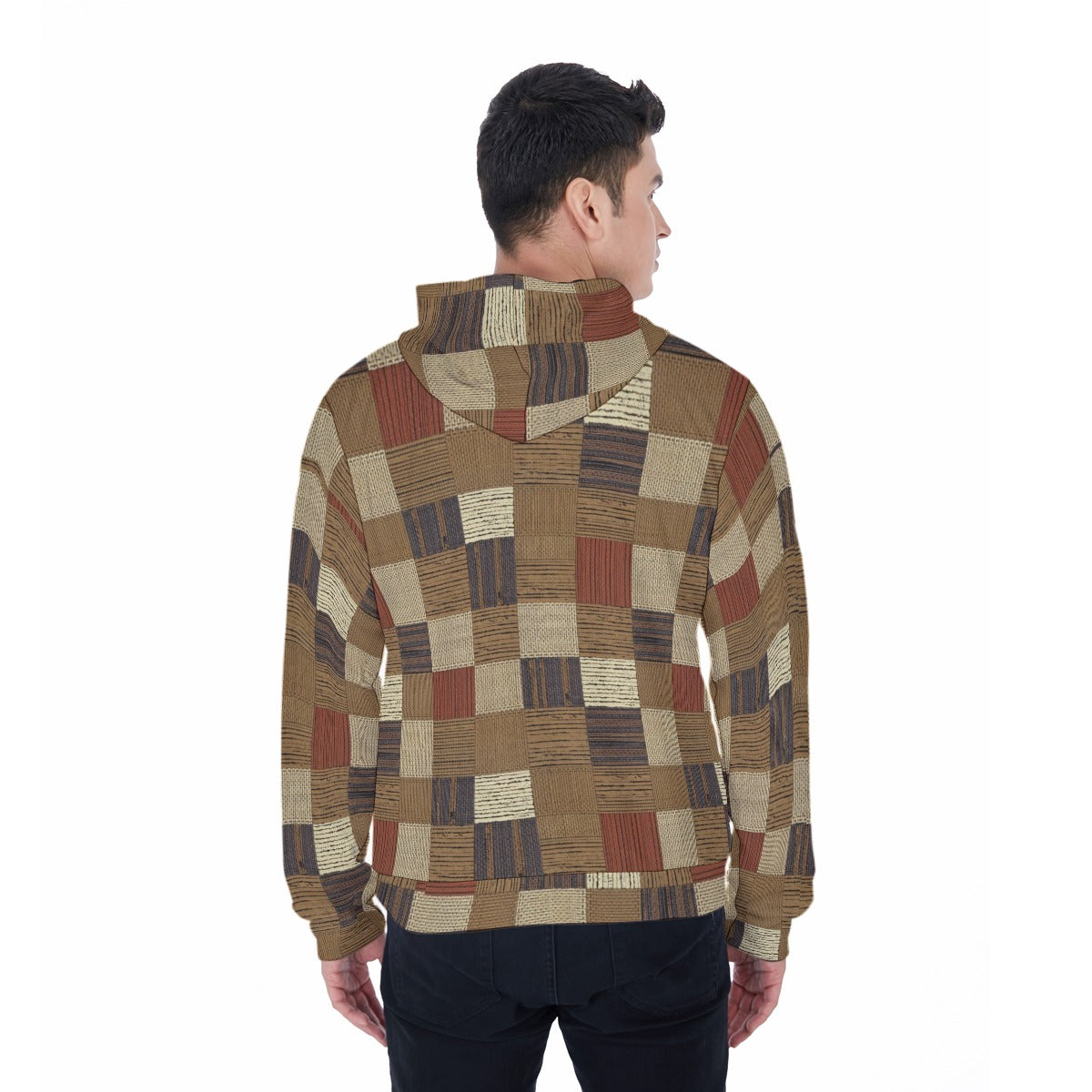 Man wearing a patterned jacket on a white background