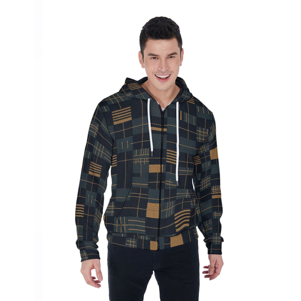 Man wearing a patterned hoodie on a white background