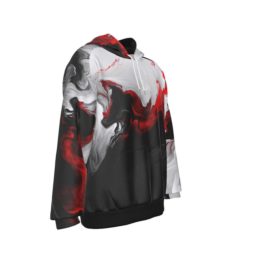 Hoodie with black, red, and white abstract design on a white background