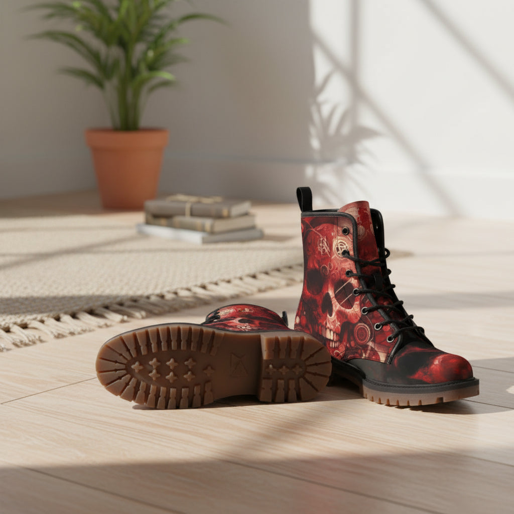 Pair of high-top boots with red skull design on a white background