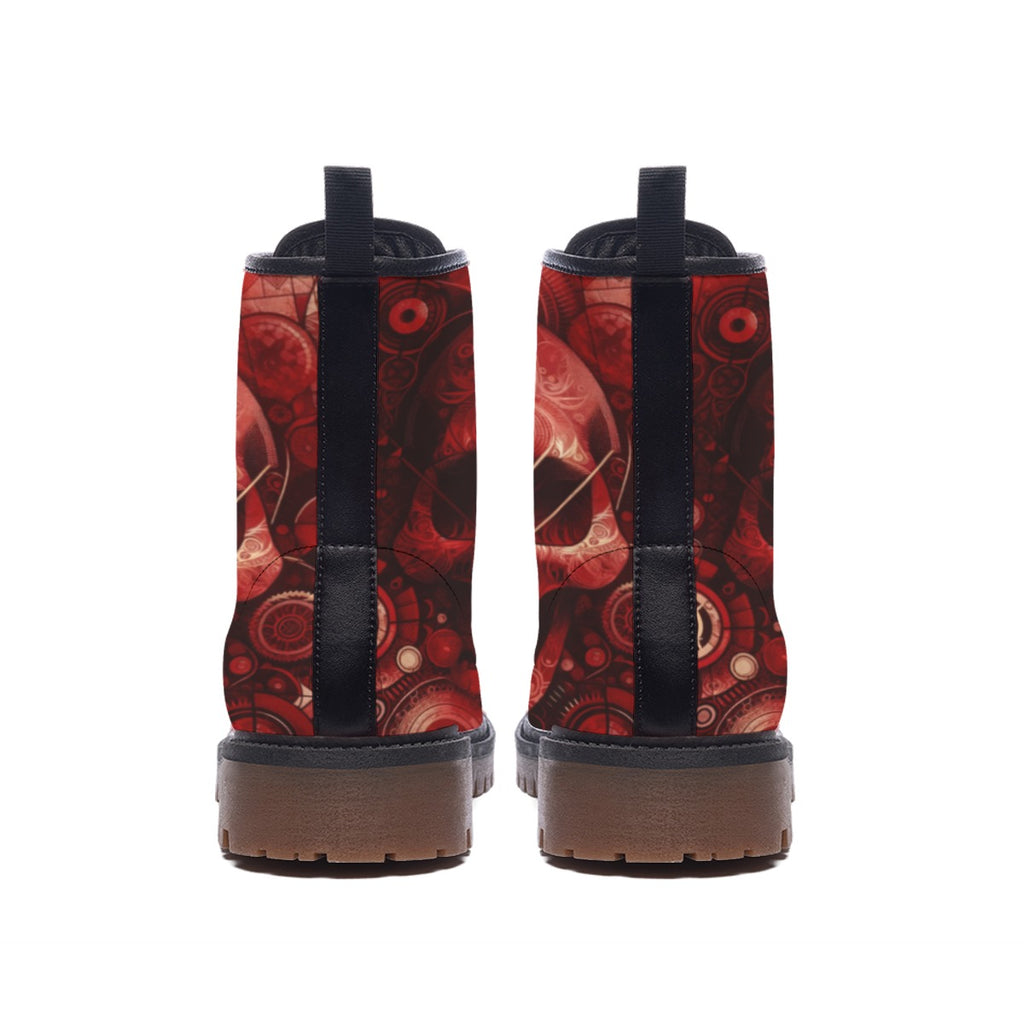 Red and black patterned boots on a white background