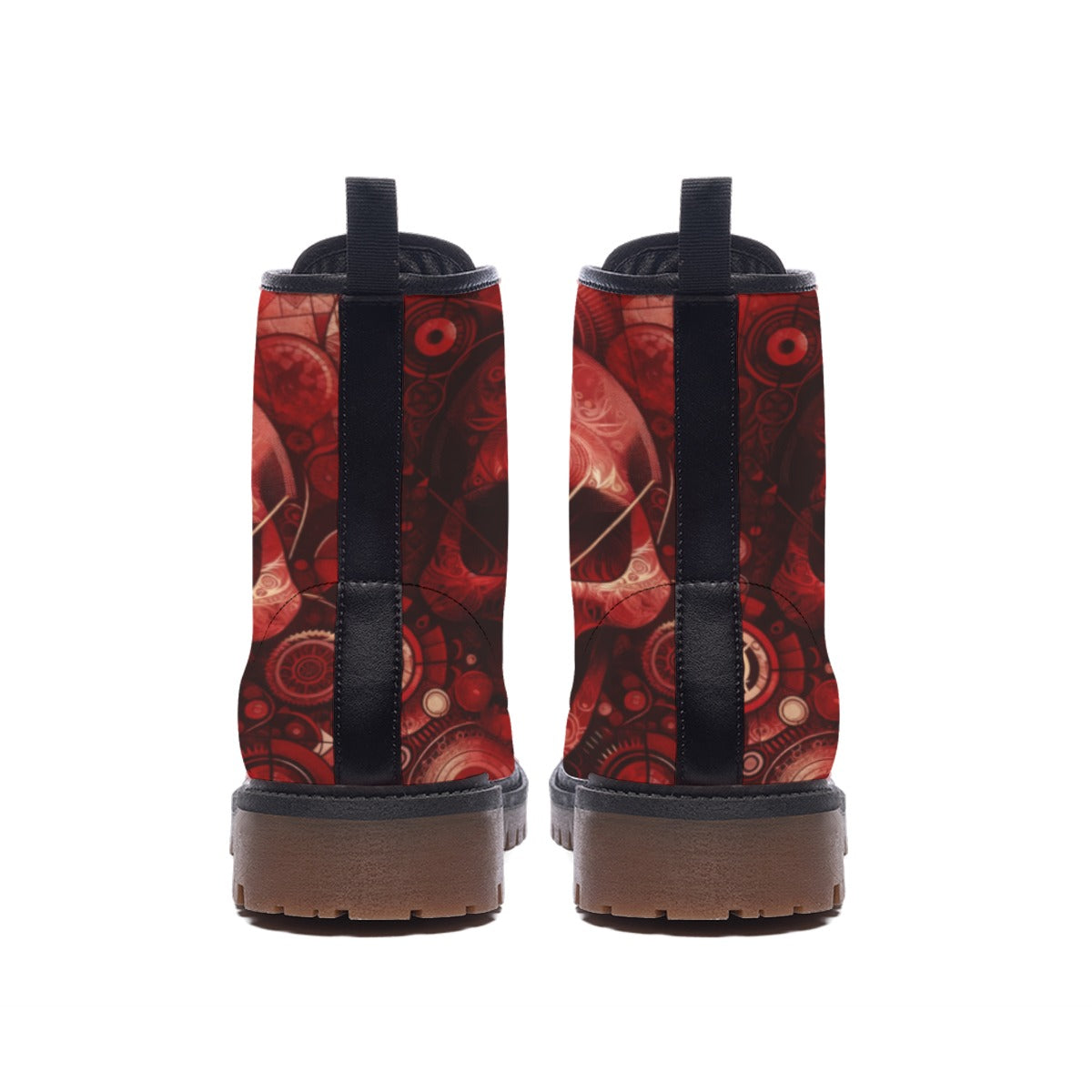 Red and black patterned boots on a white background
