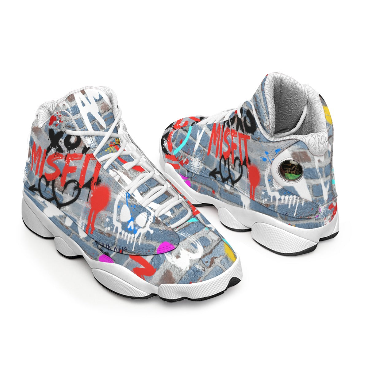 Graffiti-style sneakers with colorful design on a white background