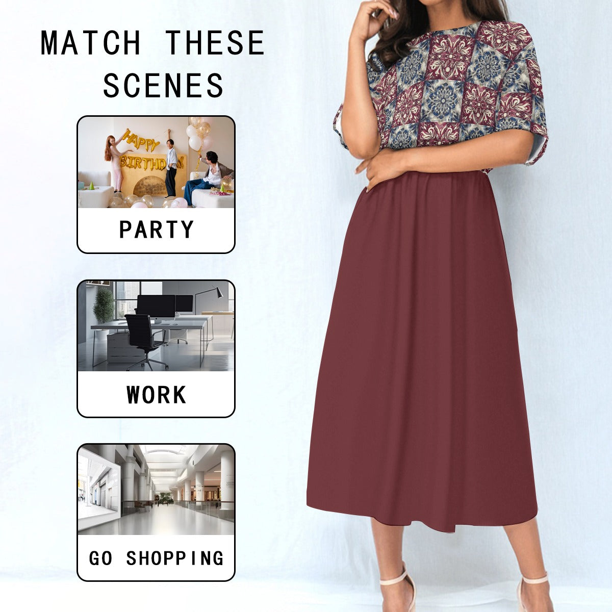 Women's Elastic Waist Dress with Mandala Floral Pattern