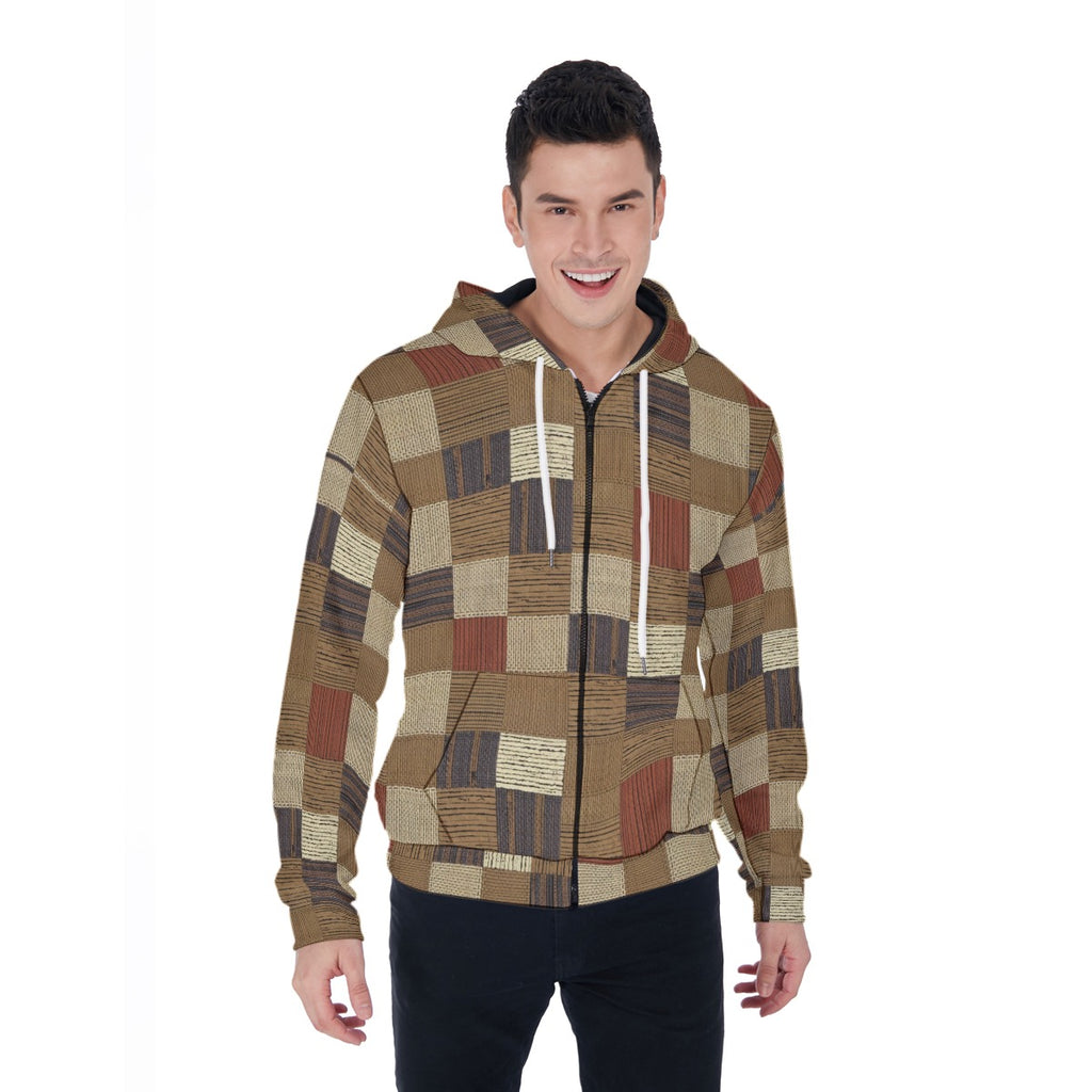 Man wearing a patterned hoodie on a white background