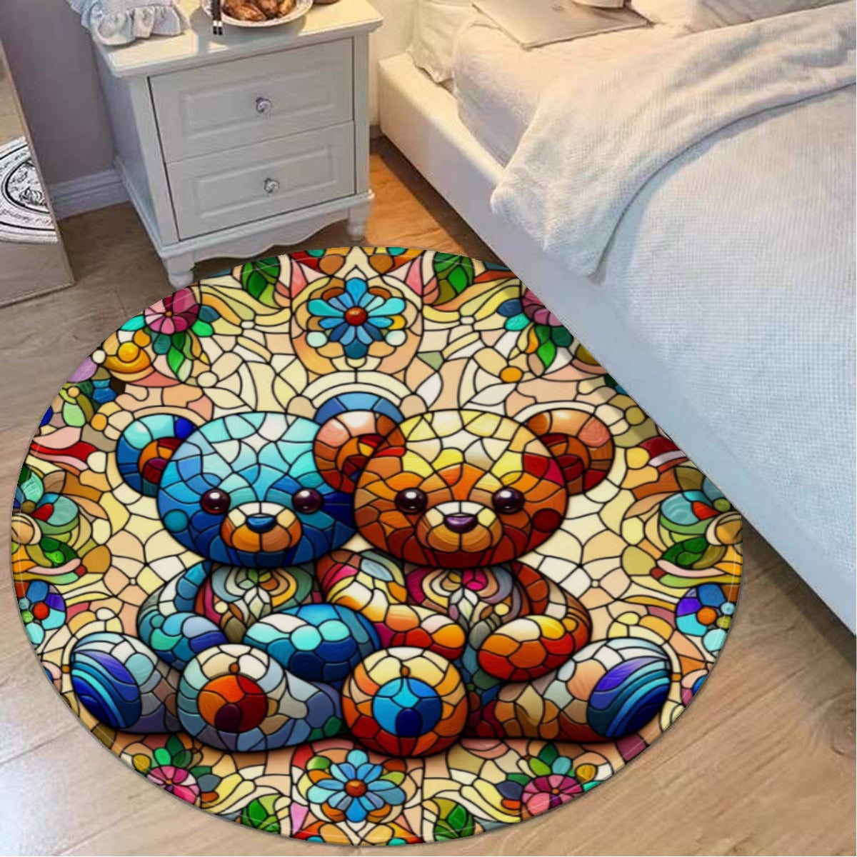 Round rug with colorful teddy bear design in a bedroom setting
