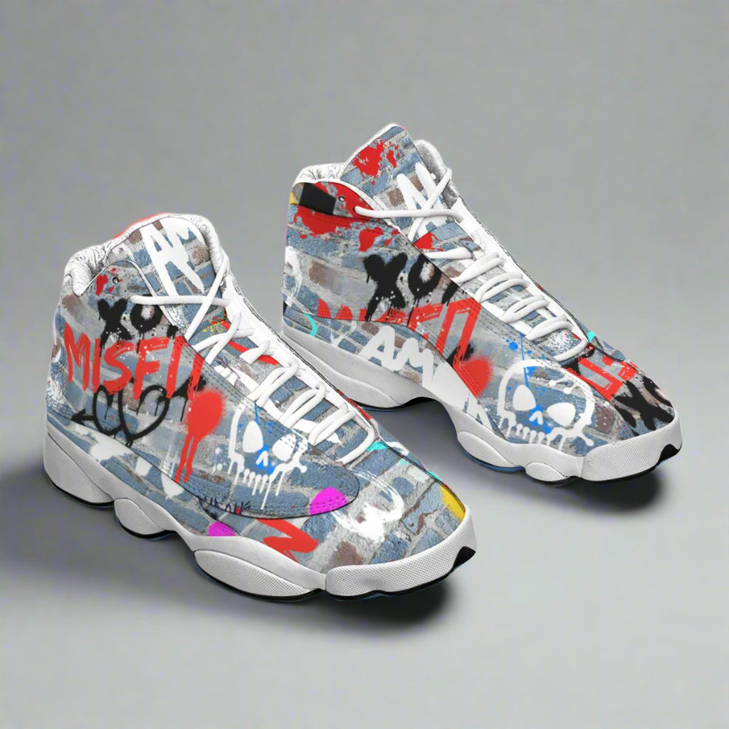 Pair of sneakers with graffiti-style design on a white background