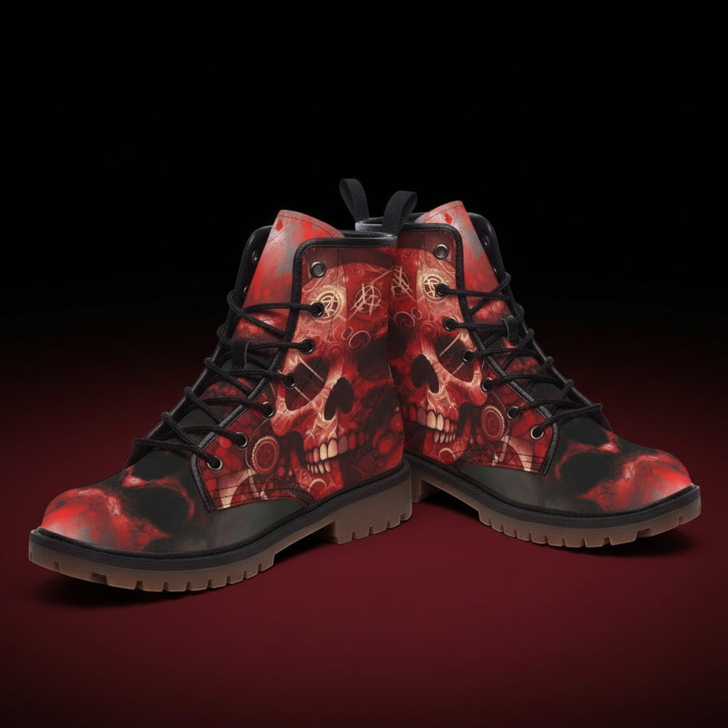 Black and red skull-patterned boots on a white background