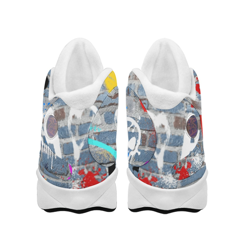 Pair of sneakers with a colorful abstract design on a white background