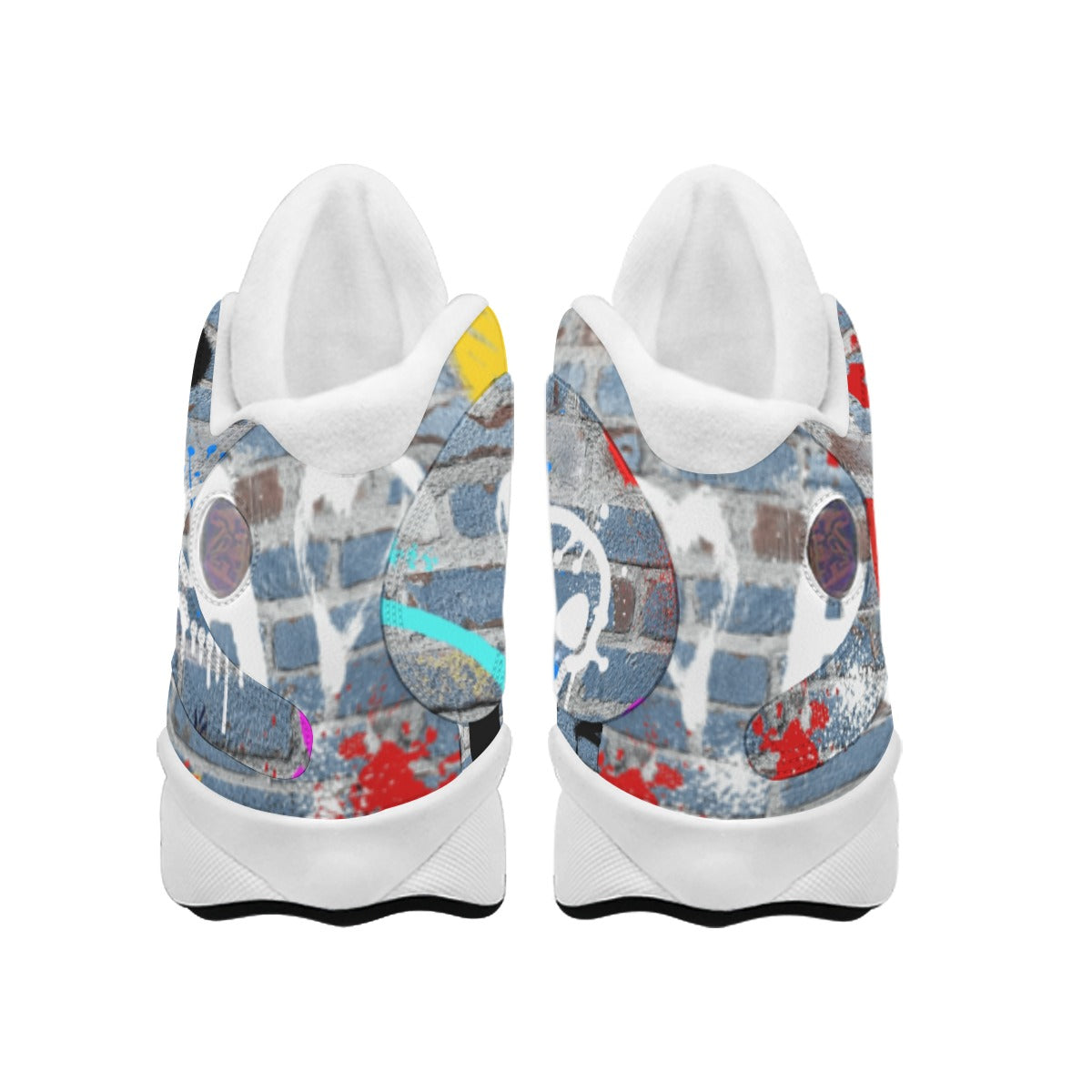 Pair of sneakers with a colorful abstract design on a white background