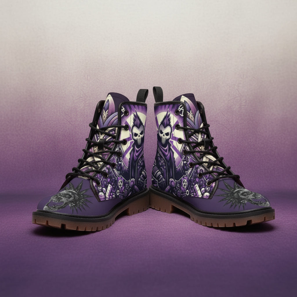 Purple boots with intricate designs on a white background