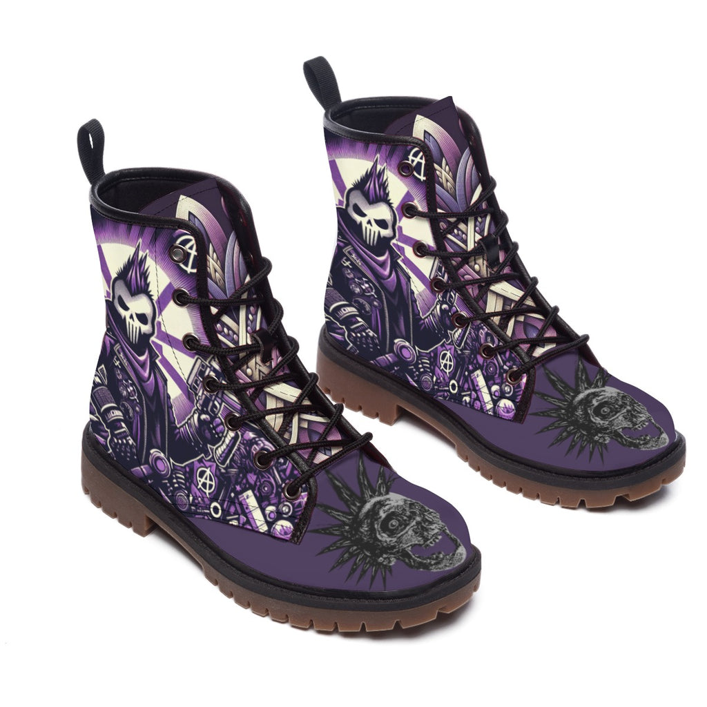 Purple boots with intricate designs on a white background