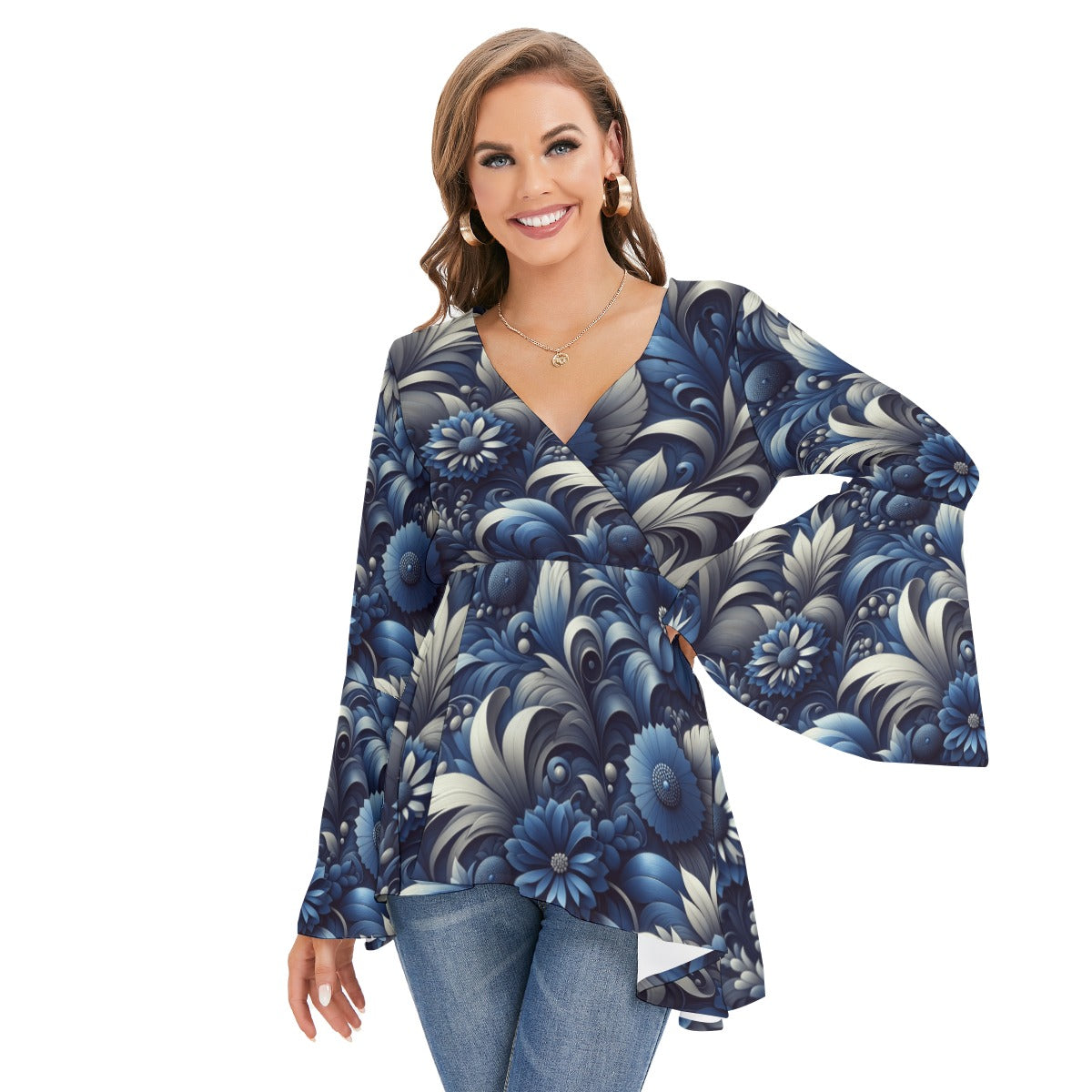 Woman wearing a blue floral long-sleeve top on a white background